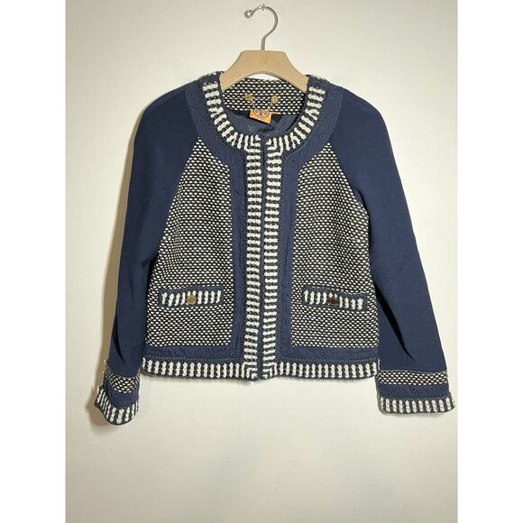 Tory Burch EUC Blue Leandra Tweed Embroidered Jacket Blazer Suiting Size 8 - Picture 3 of 11